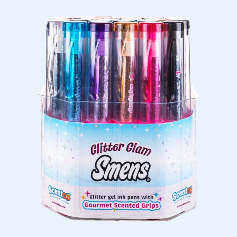 Glitter Glam Smens black glitter gel pens, 32-pack cylinder — school fundraiser donation prize