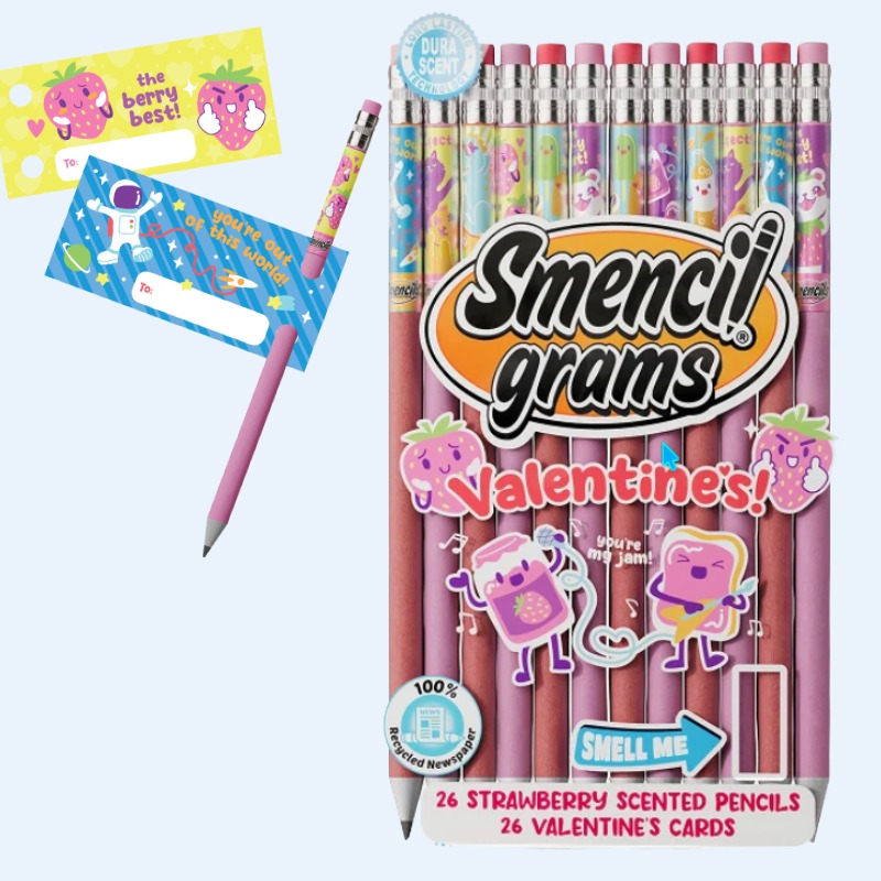 Smencil Valentine's Grams scented pencils and gram cards, case of 1,040 units — school fundraiser donation prize