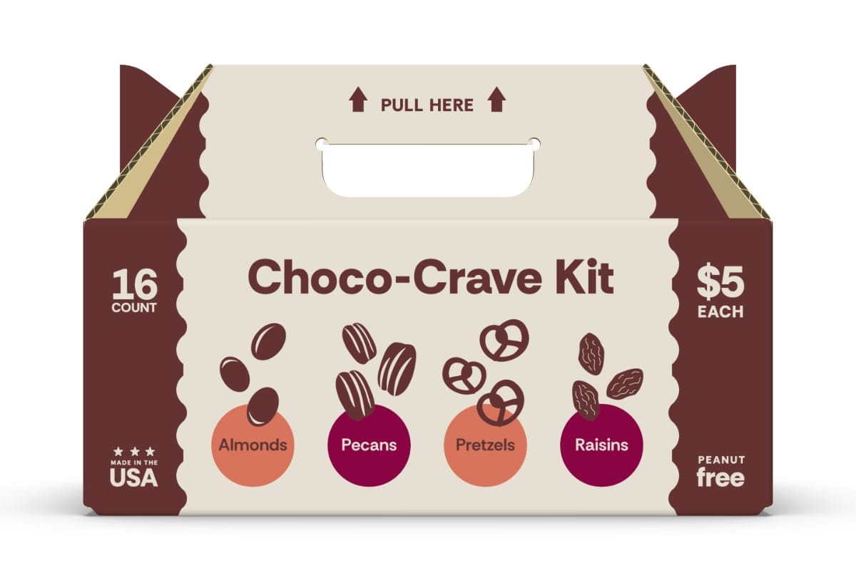 World's Finest Chocolate $5 specialty pack fundraiser box with gourmet chocolate-covered pretzels, pecans, and almonds